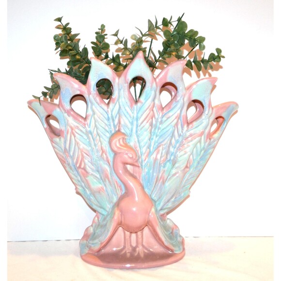 Vintage Vase Peacock Extra Large Royal Haeger 50s Pink Blue Foyer - Picture 1 of 7